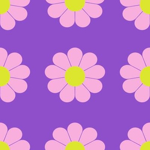 Mid Century Modern Groovy 1960s  70s Geometric Pink Flowers on Purple Background