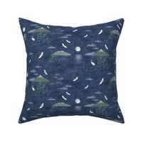 Moonrise with Cranes and Bamboo (small scale) | Night sky, moon fabric, bird fabric, seascape with mountains, cloud fabric, water fabric, lake scene.