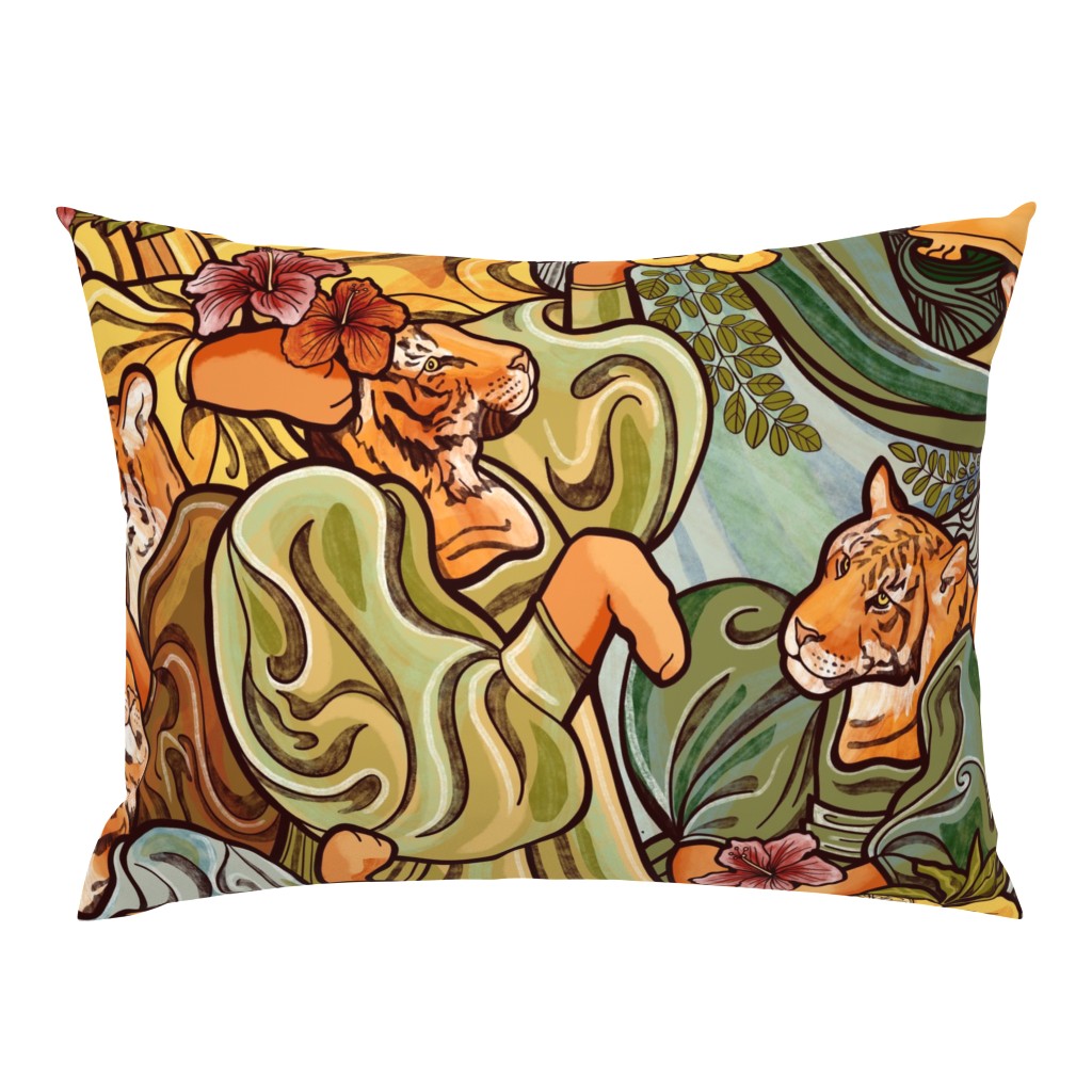 Tigers Eating Yuzu Hibiscus and Moringa Salad Art Nouveau Very Large