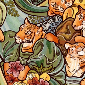 Tigers Eating Yuzu Hibiscus and Moringa Salad Art Nouveau Very Large