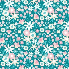 Small Micro Ditsy Wildflower Daisy Floral Garden Teal Pink
