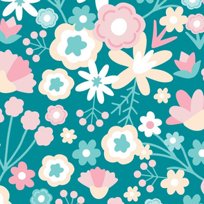 XL Ditsy Wildflower Daisy Floral Garden Teal Pink
