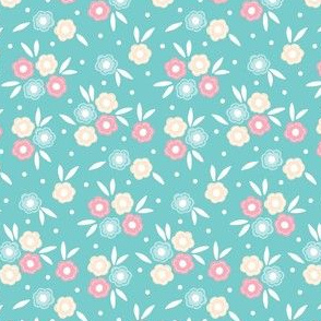 Small Micro Ditsy Floral Bunches And Dots Aqua Pink