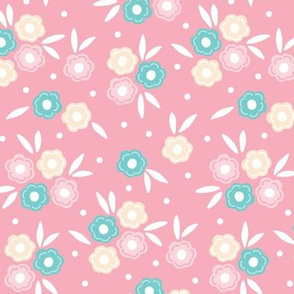Medium Ditsy Floral Bunches And Dots Pink Teal