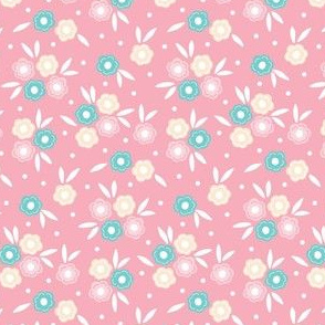 Small Micro Ditsy Floral Bunches And Dots Pink Teal