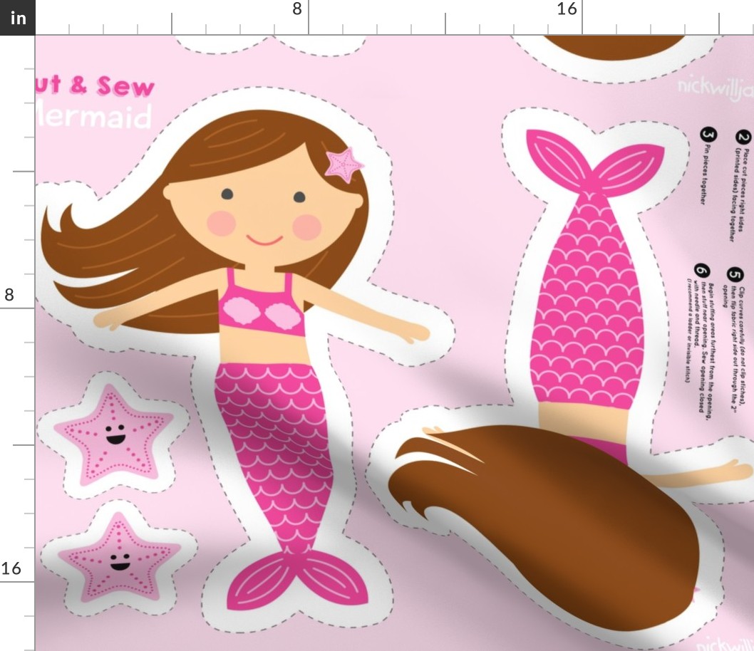 Cut and Sew Mermaid Doll - Brunette with Pink Starfish