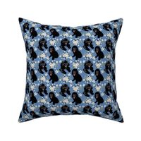 Newfoundland dogs and white flower vine Dog Fabric denim blue small print