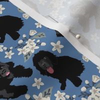 Newfoundland dogs and white flower vine Dog Fabric denim blue small print