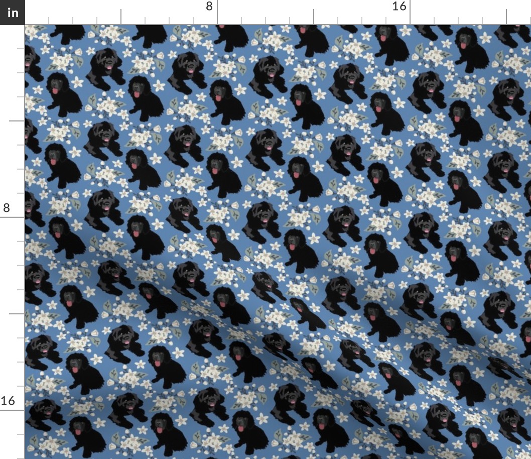 Newfoundland dogs and white flower vine Dog Fabric denim blue small print