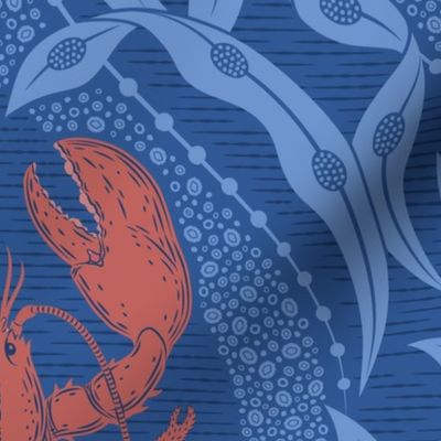 Lobster and Seaweed Nautical Damask - blue red - large scale