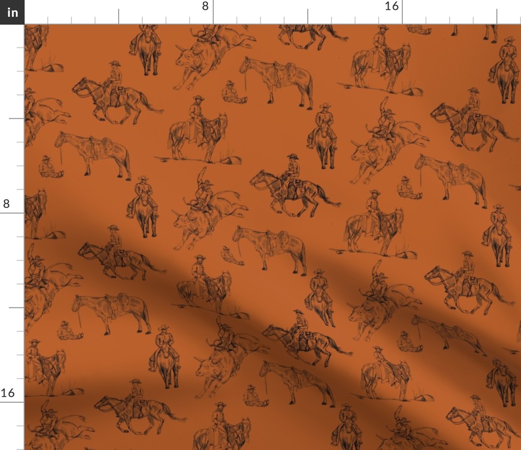 Rodeo Western Toile in Rust - Country Western Toile, Cowboy Toile