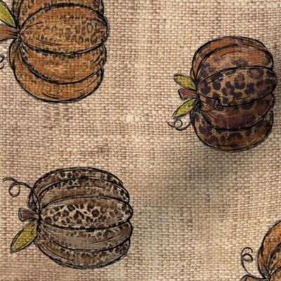 Painted Leopard Pumpkins on Light Burlap Rotated - large scale