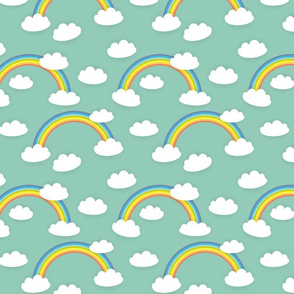 Kawaii white clouds, rainbow on blue mint background