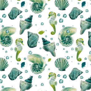 Seashells and Seahorses (large)- by JAF Studio