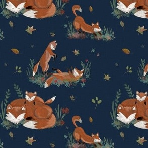 Playful Foxes Autumn Navy Leaves Foliage