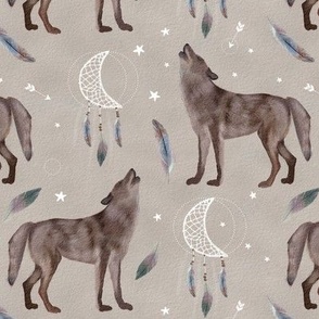 Wolfs Howling at the Moon Bohemian Boho Feathers