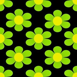 Mid Century Modern 1960's 1970s Lime Green Geometri Flowers on Black