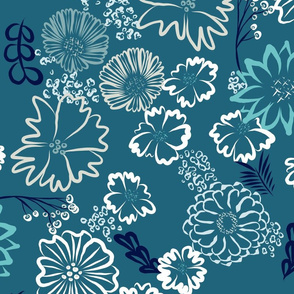 large - blue wildflowers on dark teal