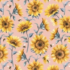 Sunflower Bees / Blush Background / Small Scale