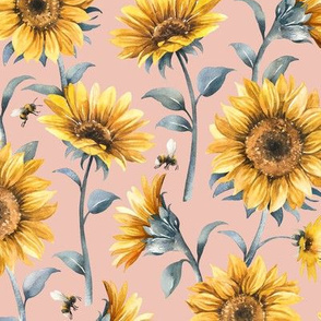 Sunflower Bees / Blush Background / Large Scale