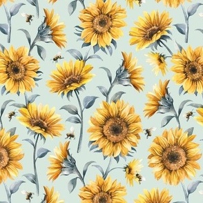 Sunflower Bees / Mint Background / Small Scale