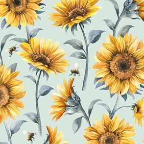 Sunflower Bees / Mint Background / Large Scale