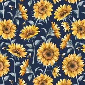 Sunflower Bees / Navy Background / Small Scale