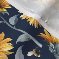 Sunflower Bees / Navy Background / Large Scale