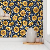 Sunflower Bees / Navy Background / Large Scale