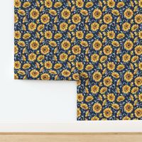 Sunflower Bees / Navy Background / Large Scale