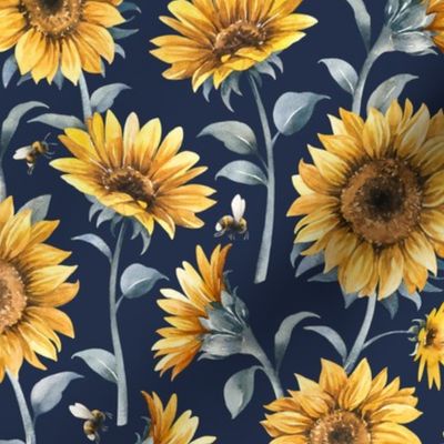 Sunflower Bees / Navy Background / Large Scale