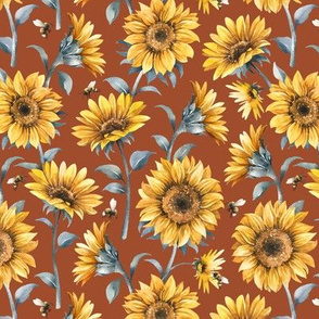 Sunflower Bees / Rust Background / Small Scale