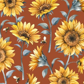Sunflower Bees / Rust Background / Large Scale