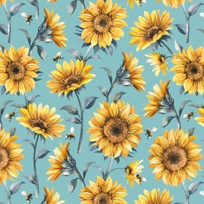 Sunflower Bees / Turquoise Background / Small Scale