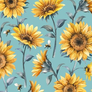 Sunflower Bees / Turquoise Background / Large Scale