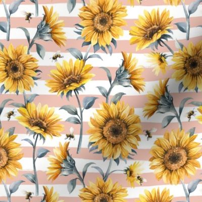 Sunflower Bees / Blush Striped Background / Small Scale