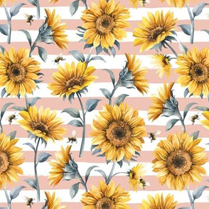 Sunflower Bees / Blush Striped Background / Small Scale