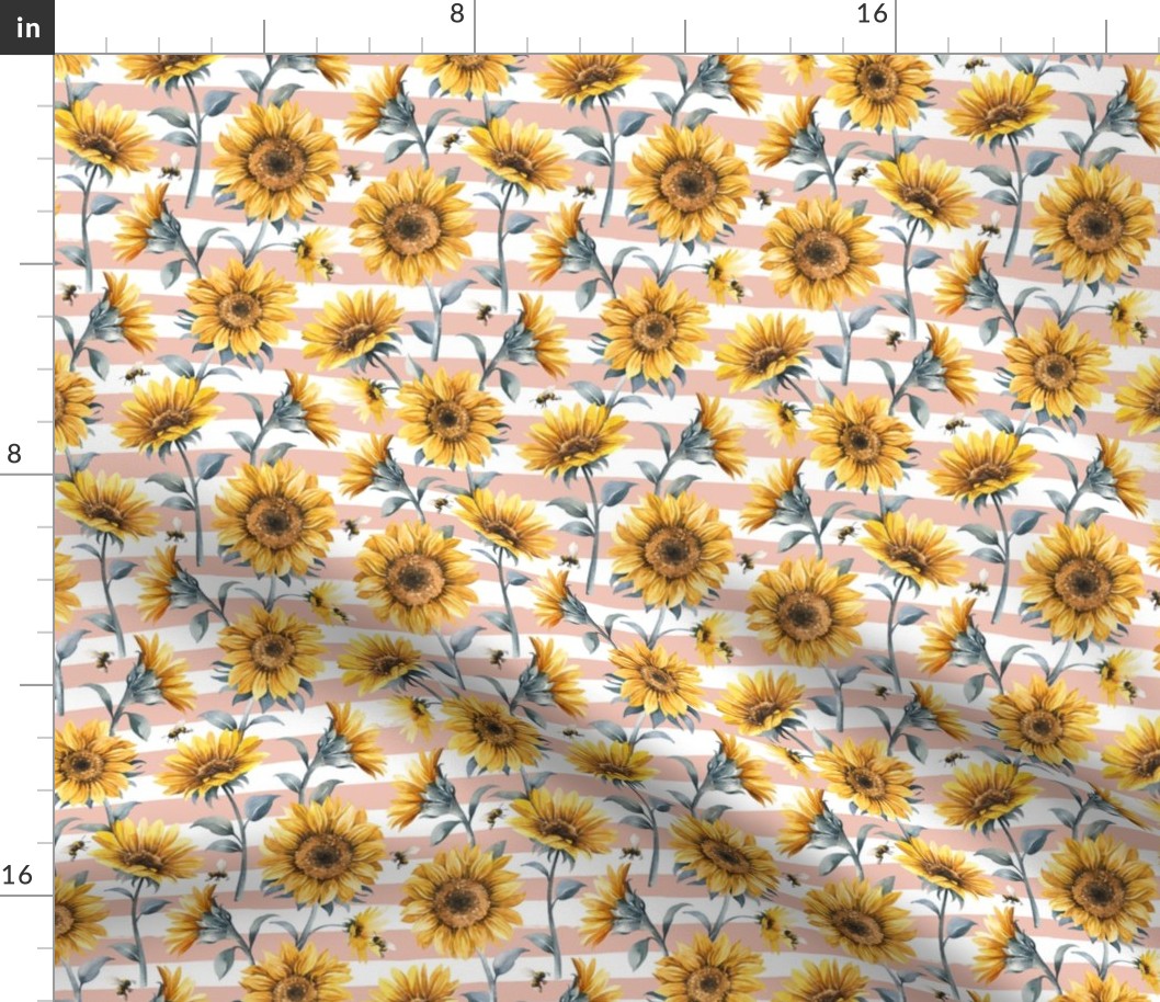 Sunflower Bees / Blush Striped Background / Small Scale