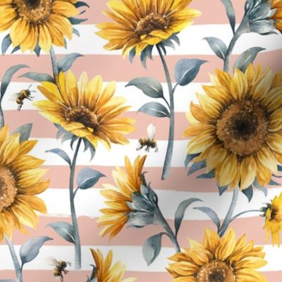 Sunflower Bees / Blush Striped Background / Large Scale