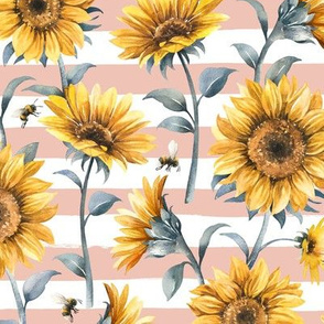 Sunflower Bees / Blush Striped Background / Large Scale