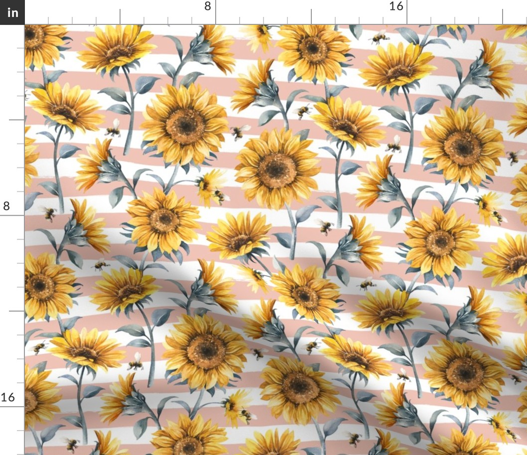 Sunflower Bees / Blush Striped Background / Large Scale