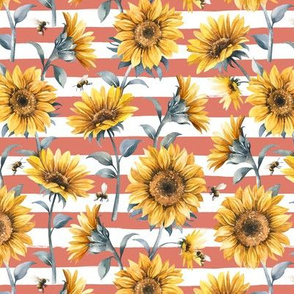 Sunflower Bees / Coral Striped Background / Small Scale