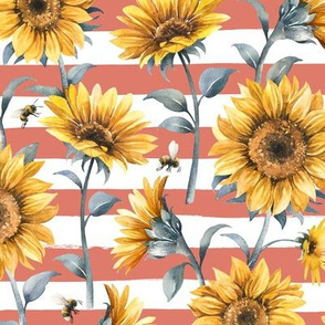 Sunflower Bees / Coral Striped Background / Large Scale