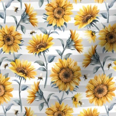 Sunflower Bees / Light Grey Striped Background / Small Scale