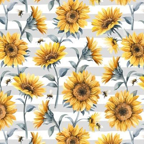 Sunflower Bees / Light Grey Striped Background / Small Scale