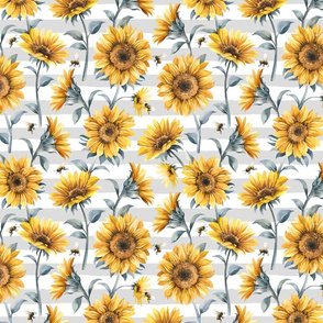 Sunflower Bees / Light Grey Striped Background / Large Scale