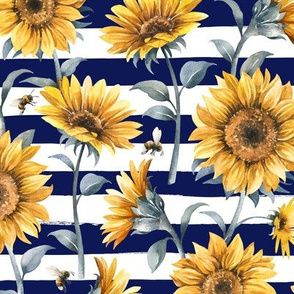 Sunflower Bees / Navy Striped Background / Large Scale