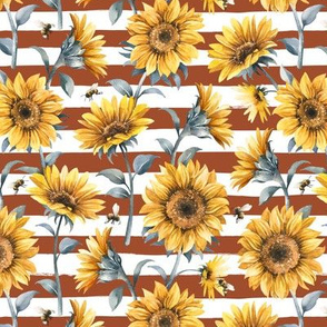 Sunflower Bees / Rust Striped Background / Small Scale