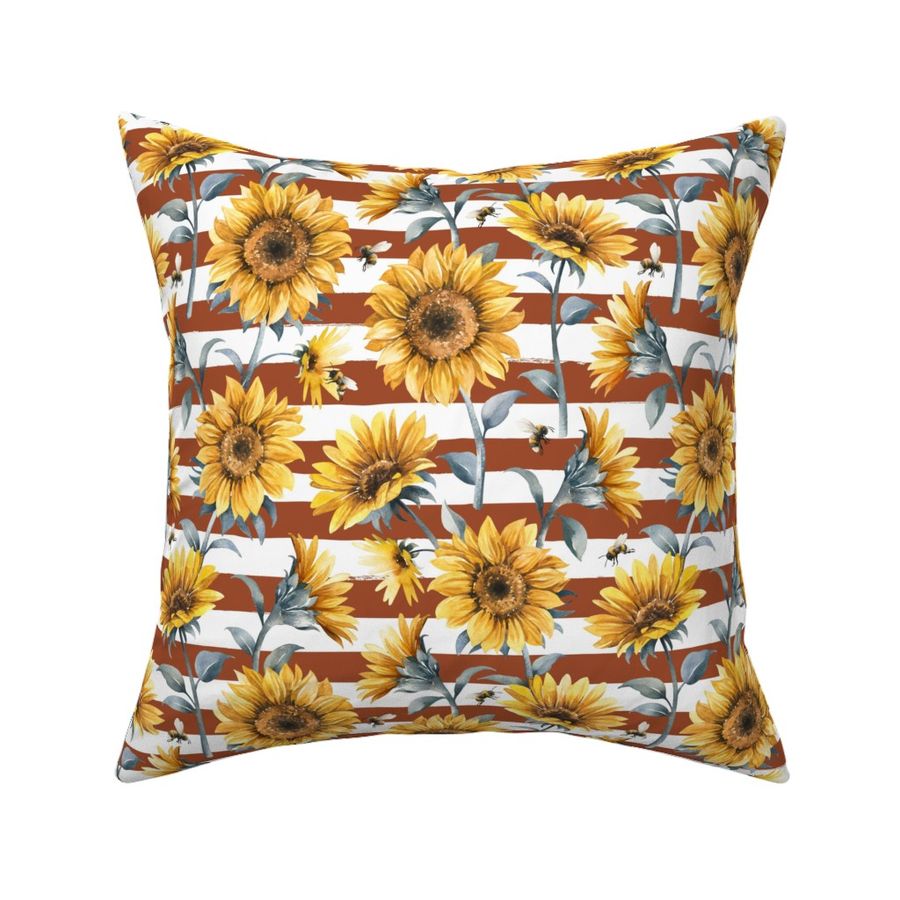 Sunflower Bees / Rust Striped Background / Large Scale