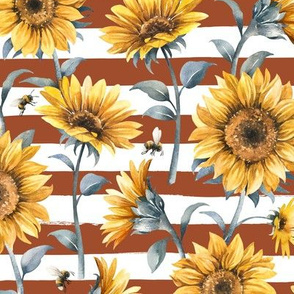 Sunflower Bees / Rust Striped Background / Large Scale